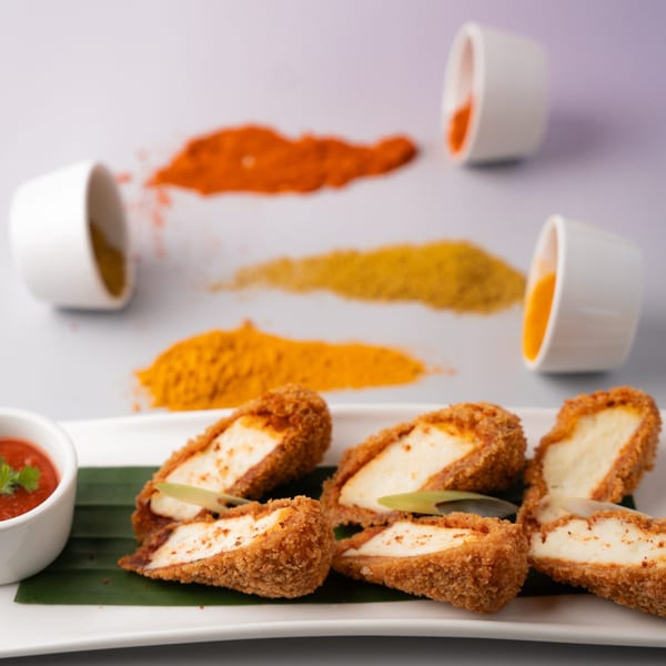 Crispy fried paneer pieces with red dipping sauce on a banana leaf, surrounded by spice powders.