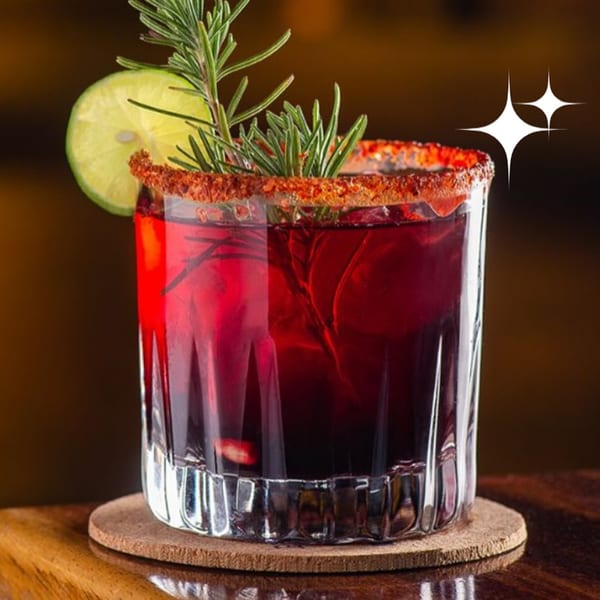 A vibrant red cocktail with a chili-lime rim, garnished with a lime slice and rosemary sprigs.